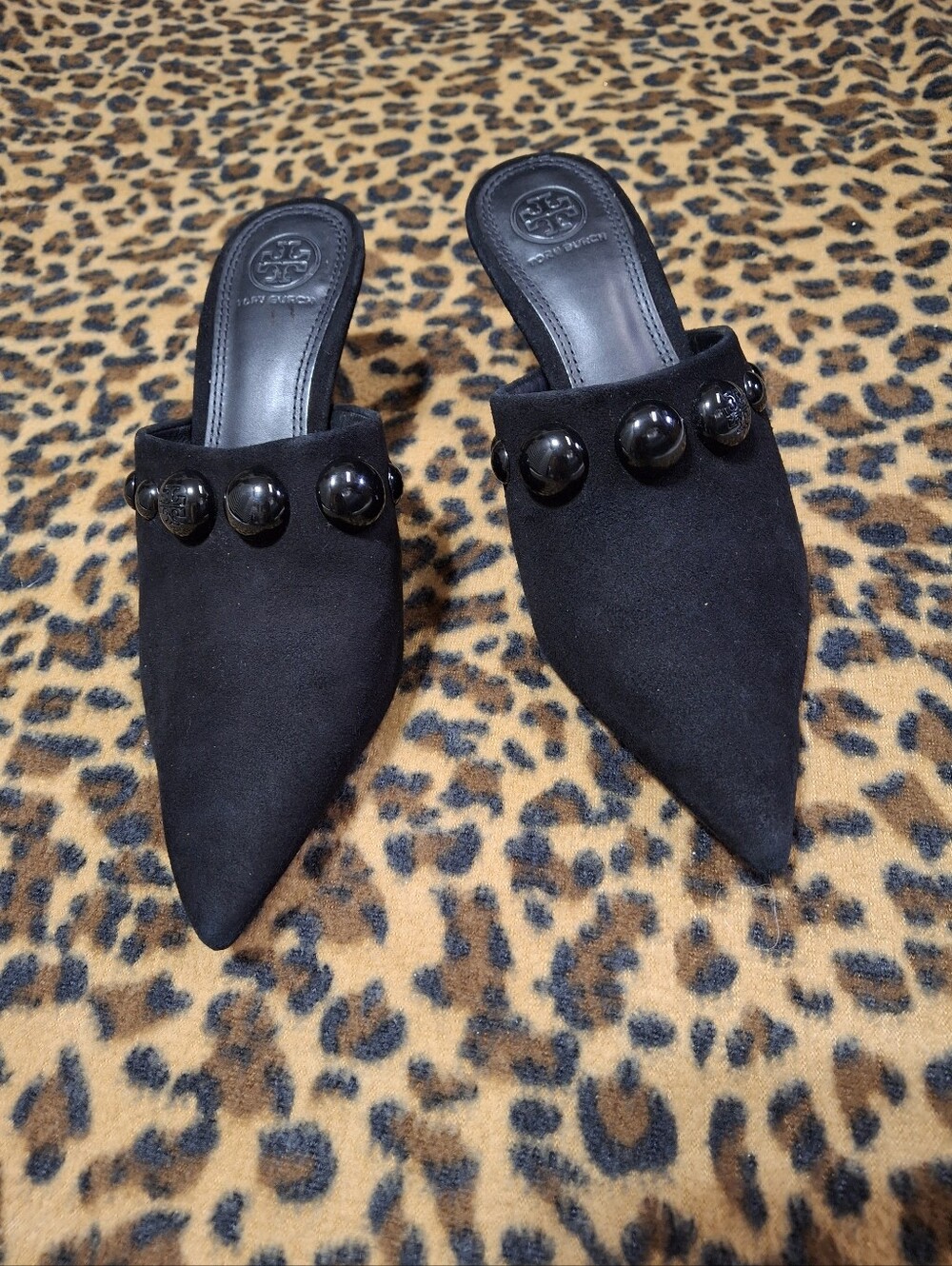 Tory Burch Georgina Studded Suede Kitten Heel Pointed Toe Mules Shoes Size 7 - Picture 2 of 16